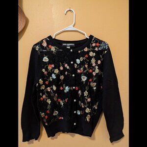 Karl Lagerfeld Lace Embroidered Pearl Button Up Cardigan Sweater Size Large
